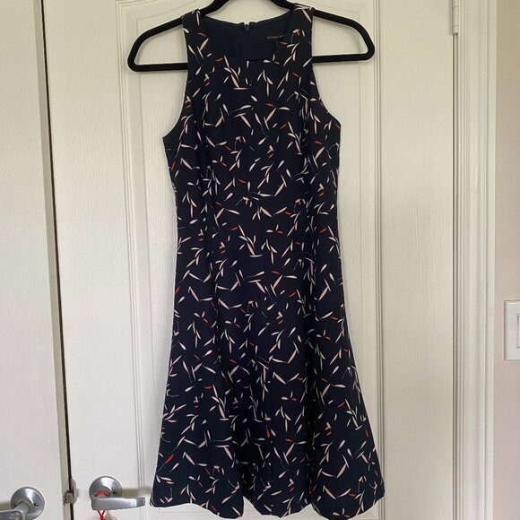 Banana Republic Black Flared Dress with Pink and Red Leaf Pattern Size 0 - Picture 2 of 10